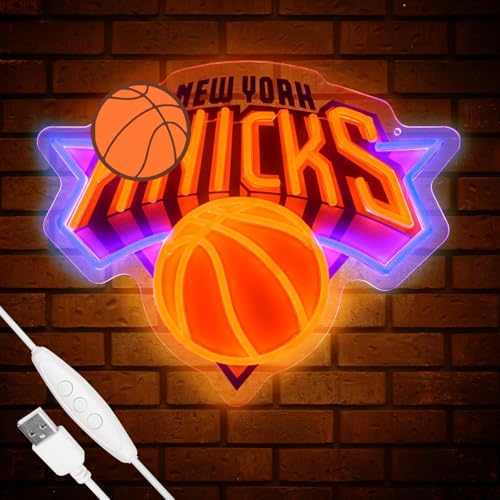 Image of Basketball Team Neon Sign, Sport Light Up Dimmable NY Basketball Team Logo Hanging USB Powered Led Neon Sign for Wall Decor, Bedroom, Man Cave, Party, Birthday Party Christmas Merch Deco Gift for NY Boys Teens Fans