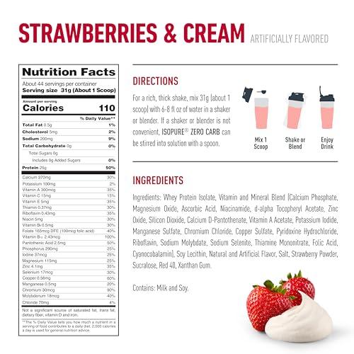 Image of Isopure Zero Carb 100% Whey Protein Isolate Powder - 3 lbs, 1.36 kg (Strawberries & Cream), , 25g Protein per serve, Lactose-Free, Gluten-Free, Vegetarian protein for Men & Women.