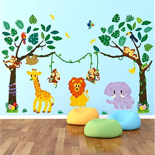 DECOWALL SG-2209 Jungle Animals and Tree Wall Decals Stickers Leaf Tropical Baby Kids d?cor Peel and Stick Nursery playroom Room Safari Forest Decorations Monkey boy Classroom Lion Elephant Girls