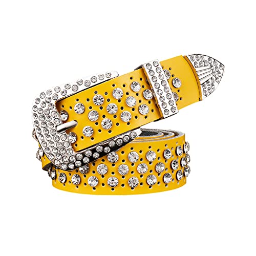 Rhinestone Belt for Women Men, Western Belts Cowgirl Cowboy Punk Studded Leather Belt for Jeans Dresses Pants,Yellow,105CM/31.5''
