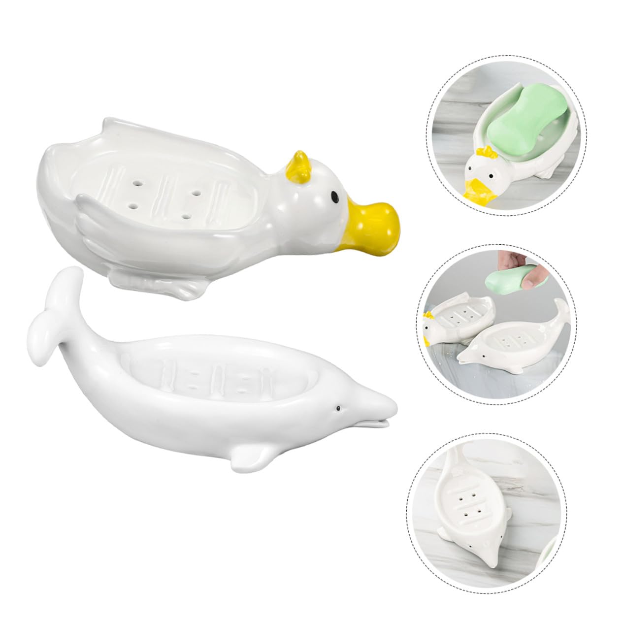 Seifenschale mit Wasserablauf aus Keramik in Delfinform 2 Stück und Geschenkidee und Schwammhalter für Badezimmer Dekoration