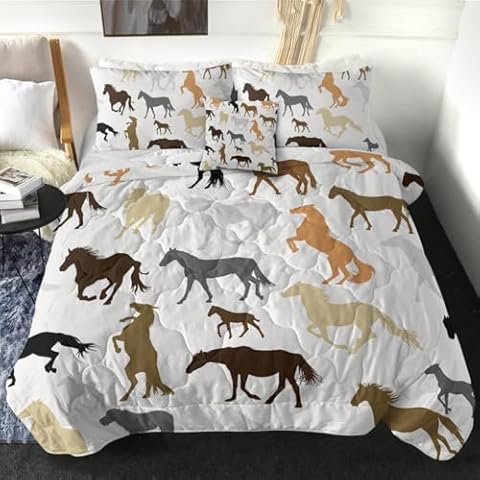 Sleepwish Colorful Horse Silhouettes Comforter Set with 2 Pillow Covers 1 Cushion Cover Funny Kids Girls Bedding Sets 4 Piece Queen Size Reversible Comforter Quilt Bedspread Cover
