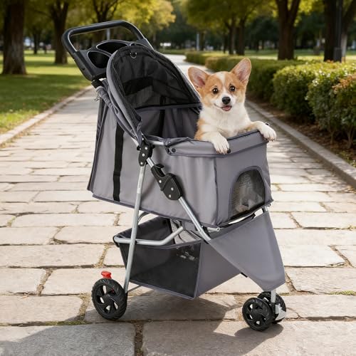 Image of NEWBULIG 3 Wheel Pet Stroller for Dogs and Cats, Foldable, Lightweight and Durable, Ideal for Small to Medium Pets, Includes Storage Basket and Cup Holders