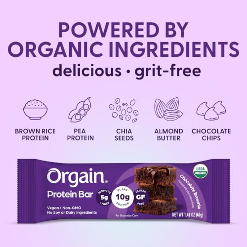 Image of Orgain Organic Vegan Protein Bars, Chocolate Brownie - 10g Plant Based Protein, Low Calorie Healthy Snacks, No Lactose or Soy Ingredients, Gluten Free, Non-GMO, 1.41 Oz (Pack of 72)