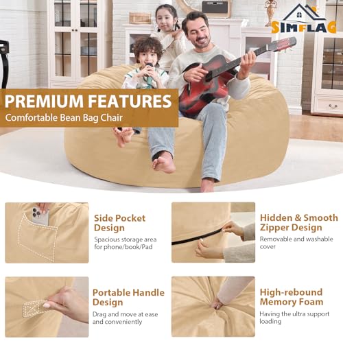 4FT Bean Bag Chair, Large Bean Bag Chairs with Memory Foam Filled, Fluffy Beanbag Sofa with Dutch Velvet Cover, Round BeanBag Chairs for Living Room, Playroom - Khaki