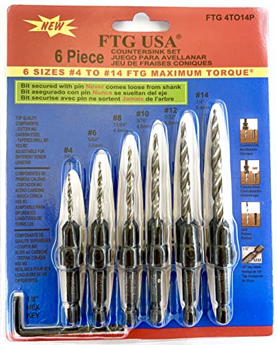 Image of FTG USA 6 Pc Wood Countersink Drill Bit Set #4#6#8#10#12#14 with Hex Key | Complete 6-piece tapered bit set for woodworking projects. Includes 1 Allen wrench hex key for easy adjustments