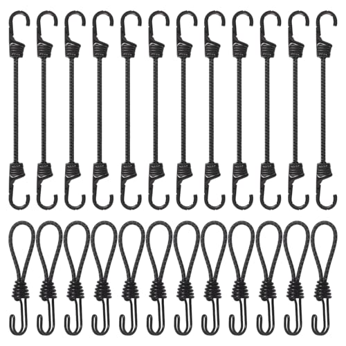 Corde Elastiche Con Gancio,12 Pezzi Corda Elastica Con Doppio Gancio 30 cm,12 Pezzi Elastici Con Ganci 16 cm per Teloni,Giardinaggio,Portapacchi, Auto e Bici,Campeggio