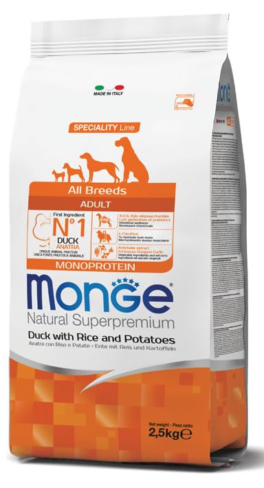 Monge Natural Superpremium Crocchette per Cani Adulti Tutte le Razze Monoproteico Anatra con Riso e Patate, 2,5 kg