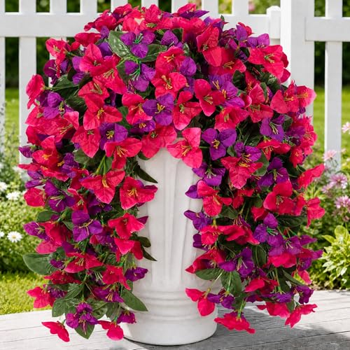 YIBUKIY Artificial Bougainvillea Hanging Flowers Plants for Outdoors Decoration, 2pcs Fake Flowers Silk Vines Realistic UV Resistant Faux Flowers for Planters Porch Patio Urn (Mixed Color)