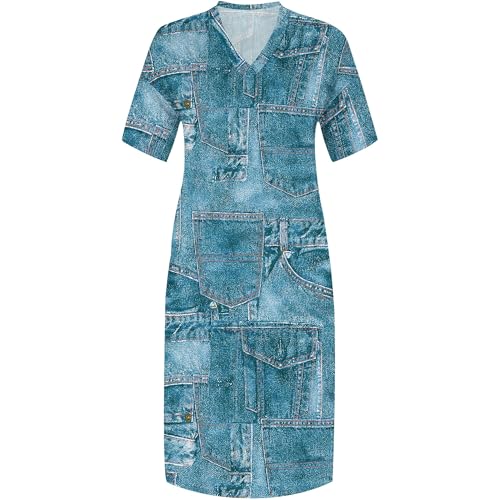 Image of SUZONANA Plus Size Denim Print Maxi Dresses for Curvy Women Casual Blue Jean Dress Summer Short Sleeve Tshirt Western Cowgirl Outfits 3XL