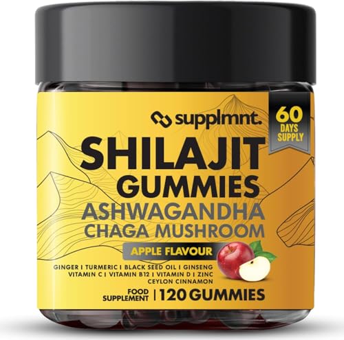 Supplmnt. Shilajit Gummies with Ashwagandha Chaga Mushroom Ginger Turmeric Black Seed Oil Ginseng Vitamins C B12 D Zinc Ceylon Cinnamon 120 Gummies 60 Day Supply Apple Flavour
