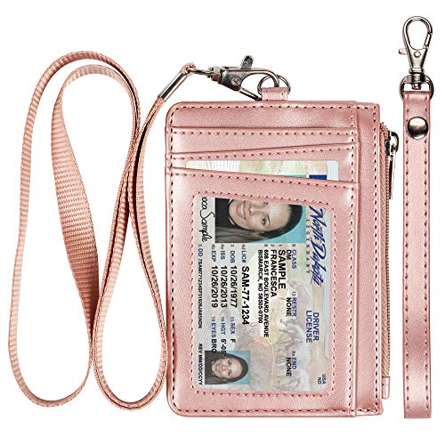 Teskyer Minimalist Wallet, Slim Wallet with Neck Lanyard and Wrist Strap, Credit Card Holder Wallet, RFID Blocking Front Pocket Wallet for Men Women, Rose Gold