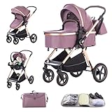 【4】La poussette a un harnais réglable à cinq points. La nacelle est adaptée pour 0-15 mois et peut être convertie en Poussette pour bébé adapté pour 7-36 mois. ce qui est pratique pour les bébés pour entrer et sortir. Le siège peut être installé dans les deux sens. Le dossier de la poussette dispose de 3 modes de réglage : position assise 135°, mode semi-allongé 150°, position couchée 180°. Le garde-corps peut être ouvert d'une seule main puis tourné à 180°.