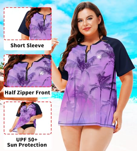 Image of AOBUTE Women Plus Size Rash Guard Zipper Short Sleeve SPF Swim Shirts