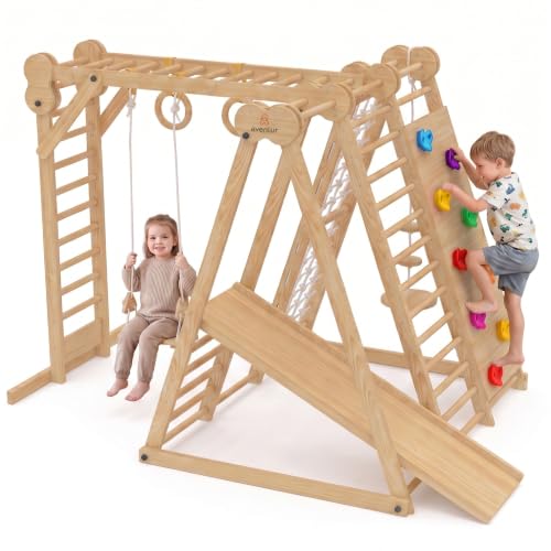 Image of Avenlur 8-in-1 Indoor Play Gym - Toddler Jungle Gym for Kids Ages 2-6 - Indoor Playground Wooden Climbing Playset with Slide, Monkey Bars, Ladder, Rope Ladder, Rock Climbing, Swing, Rings, Disc Swing