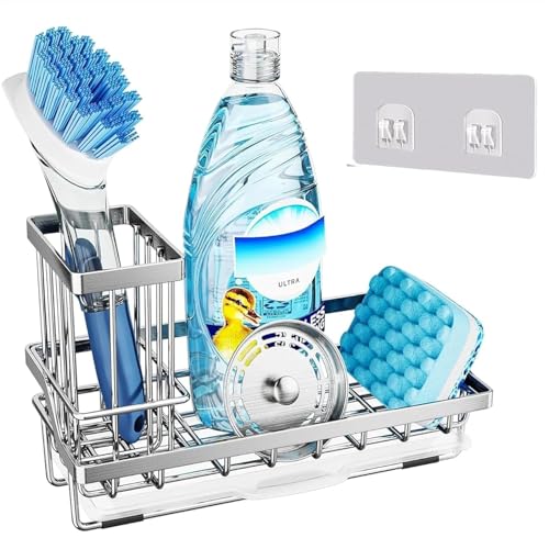 Image of BEHAHAI Sink Organiser, Stainless Steel, Wall Mount, with Brush Holder, Sponge Holder Cup, Drain Tray, Silver, for Kitchen and Washroom.