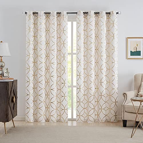 SXZJTEX Gold Linen Window Curtain Panels Metallic Geo Moroccan Tile Foil Print Semi Sheer Drapes for Bedroom Living Room, Light Filtering Window Treatments, Grommet Top 2 Panels Set of 2, 55" Wx63 L