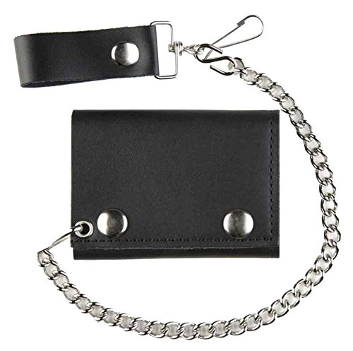 Motorcycle Men's Tri-Fold Biker Chain Wallet, Black Genuine Leather TC304-23