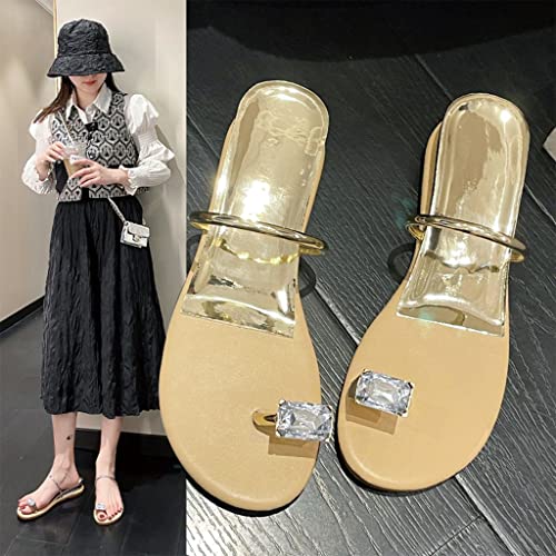 HSQMA Women's Summer Flip Flops Rhinestone Fashion Summer Wedge Heel Simple Outer Wear One-Word Sandals Beach Slippers Ladies Casual Comfort Thong Slippers Non-Slip (Color : Gold, Size : EUR37)3
