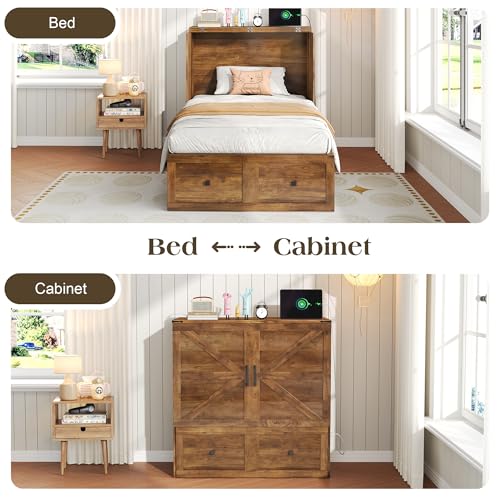 Image of LUXOAK Twin Murphy Bed with 6 inch White Tri-Fold Memory Foam Mattress, Storage Drawer & Charging Station, Space-Saving Design for Home Office or Guest Room, Barnwood