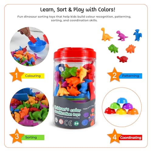 Image of BeFunky Counting Matching Game with Sorting Bowls, Color and Sensory Montessori Educational Learning Toys Set Gift for Toddlers Preschool Age 3+ Years Old (Dinosaur Box)
