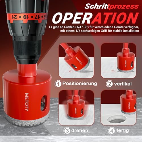 METOTY 15 Stück-Diamant Lochsägen Bohrer Set (6-50mm) ，Gezahnte-Kernbohrer für Keramik, Glas, Fliesen, Marmor| EVA-Positionierer & harte Aufbewahrungstasche | Trocken/Nass-Dual-Use