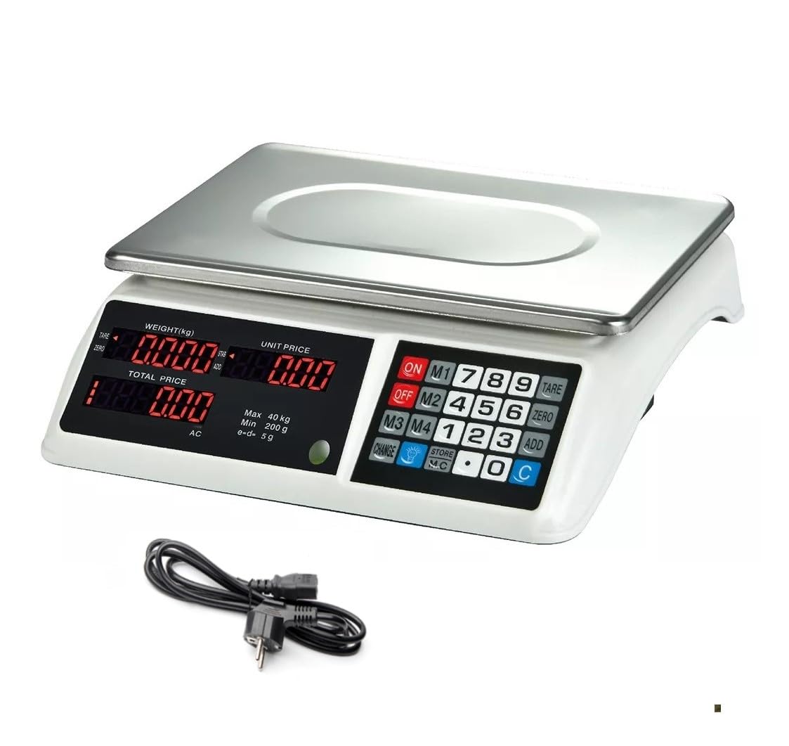 Bascula balanza Comercial para Pesar Fruta, verdura Peso 40kg Suma 2 en 1 bateria interna y corriente 220V inalambrica pantalla delantera y trasera