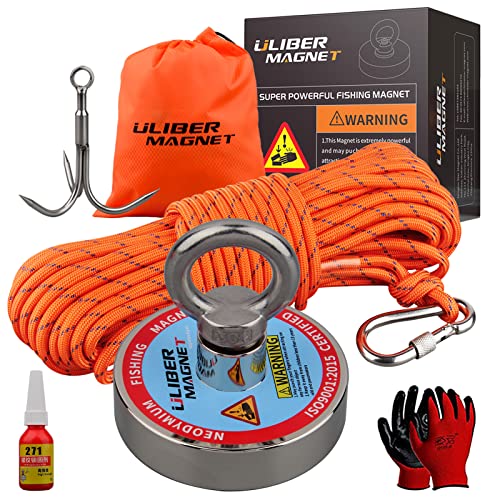 ULIBERMAGNET 850lbs Lifting Magnets,Powerful Fishing Magnet N52 Neodymium Magnets with 20m(66Feet) Durable Rope,Strong Magnets for Salvage and Magnetic Recovery