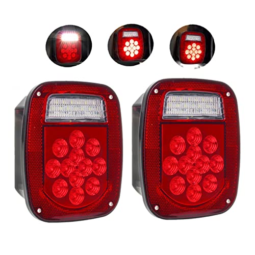 2PCS Red & White 39 LED Stop Turn Tail Lights, Dual Colors Universal Backup Reverse Brake Clearance Marker Lights, 12V Trailer Lights Replacement for Jeep CJ YJ JK Truck Trailer Boat SUV RV, Hardwired
