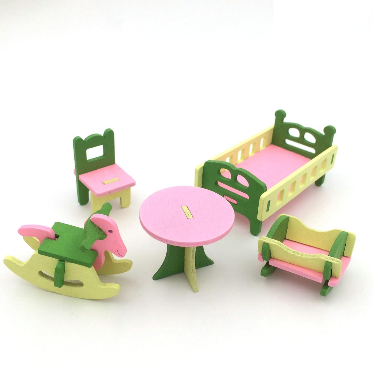 KARLOR 5 Piece Dollhouse Furniture Set Wooden Miniature Furniture Bed Cradle Wooden Horse Table Chair Dollhouse Accessories 1:12 Baby Bedroom Doll Furniture Decoration (Bedroom)
