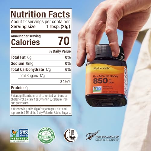 Image of Wedderspoon Raw Manuka Honey 850+ MGO, 8.8 Oz, Unpasteurized New Zealand Honey, Non-GMO, BPA-Free Jar, Superfood & Natural Wellness Support
