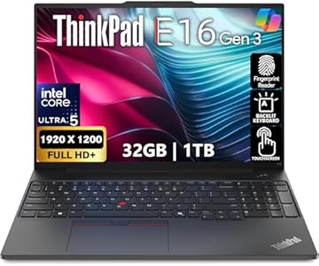 ThinkPad E16 Gen 3, 16" FHD+ Touch Display, Intel Ultra 5 225U, 32GB DDR5 RAM, 1TB SSD PCIe, Fingerprint, Backlit Keyboard, WiFi 6E, RJ-45, HD Webcam, Win 11 Pro, AI Business Laptop - Black