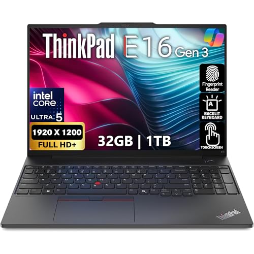Image of Lenovo ThinkPad E16 Gen 3, 16" FHD+ Touch Display, Intel Ultra 5 225U, 32GB DDR5 RAM, 1TB SSD PCIe, Fingerprint, Backlit Keyboard, WiFi 6E, RJ-45, HD Webcam, Win 11 Pro, AI Business Laptop - Black