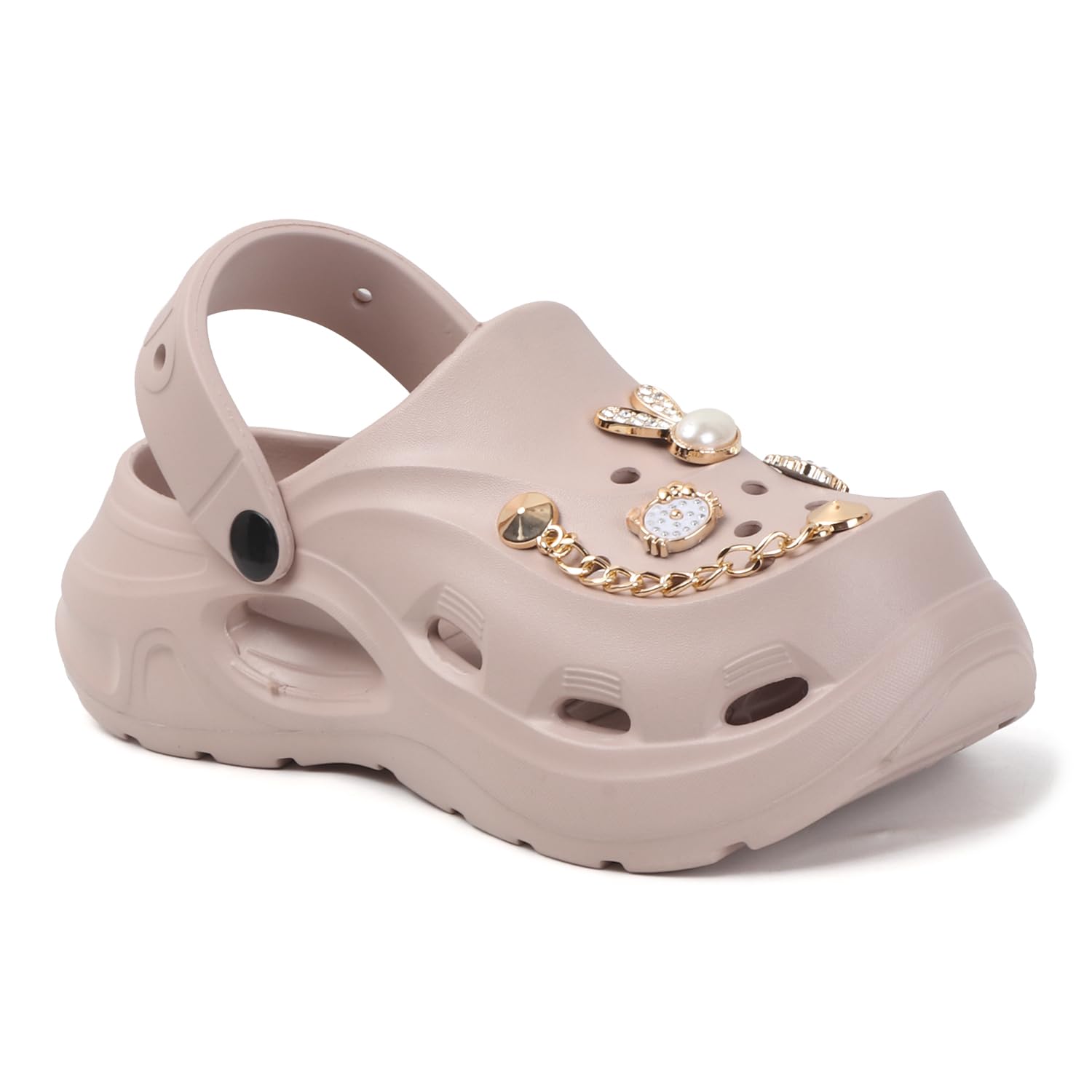 Women's Platform Clogs with Gold Chain Charm Embellishments, Beige, Slingback Sandals-image-14