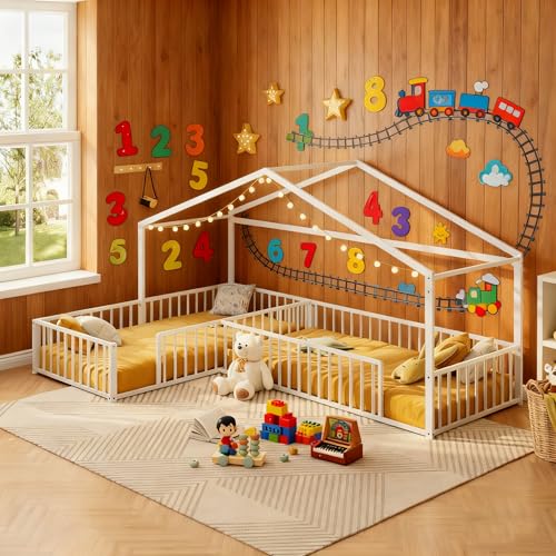 JIJIWANG Double Twin Size L-Shaped Floor Bed, Metal Corner House Bed Frame with Fence, Without...