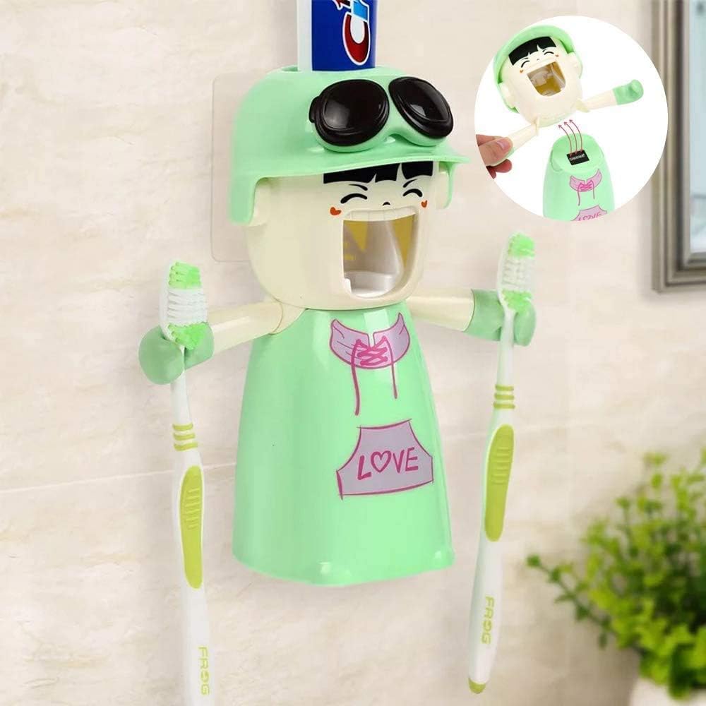 Rain House Kids Toothbrush Holders with Cup, Cute Hands Free Toothpaste Dispensers Children Automatic Cartoon Toothpaste Squeezer case, Wall-Mounted Bathroom Kit Easy to Clean (Green)