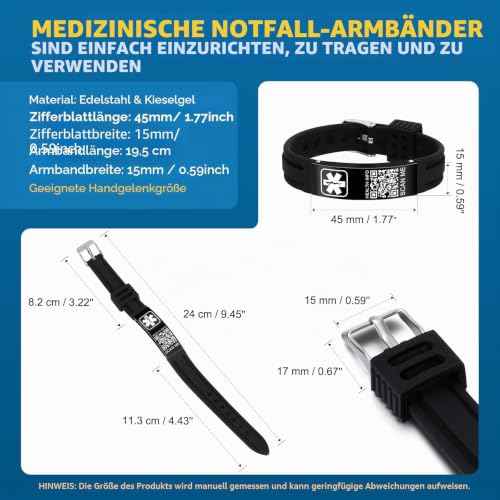 Theluckytag Medizinische Armbänder Männer Frauen mit QR Code Alert ID Armbänder Silikon wasserdichtes Armband passt Handgelenke bis 9'''mehr Raum Benutzerdefinierte Notfall medizinische ID Alert Info