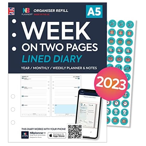 NBplanner 2023 A5 size Week on two pages Lined diary organiser refill | Filofax A5 COMPATIBLE | Monthly/Weekly | Monday start | UK holidays Cover