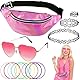 Tikplus 90er Jahre Outfit Damen, 90er Jahre Retro Outfit Accessoires mit Herz Sonnenbrille Rosa, Silber Bauchtasche, Halskette, Women Festival Hippie Accessoires für Neon Mottoparty