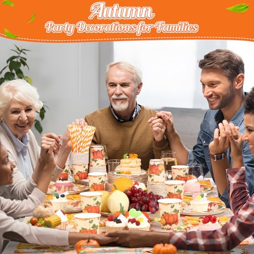 Image of Funnymoom 452 Pcs Thanksgiving Fall Party Decorations for 50, Pumpkin Maple Leaf Thanksgiving Paper Plates Napkins Cups Tablecloth Cutlery Straws for Harvest Autumn Birthday Holiday Party Supplies