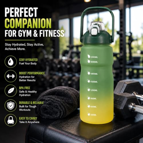 Image of Motivational Water Bottle with Straw & Handle, Time Marker Sports Sipper Bottle with Flip Top Lid, Gradient Water Bottle for Gym, Fitness, Workout, Travel, Office & Daily Hydration (Green, 3.3 Liter)