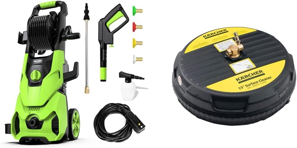 Rock&Rocker Powerful Electric Pressure Washer, Green & Karcher Universal 15" Pressure Washer Surface Cleaner Attachment, Power Washer Accessory - 1/4" Quick-Connect, 3200 PSI