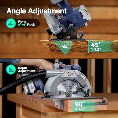 Image of Brushless 20V 6-1 /2In Cordless Circular Saw with Brake, 5600 RPM, 4.0Ah Battery Circular Saw Kit with Fast Charger, Cutting Depth 2-1 /4 inch (90), Adjustable 0-45Bevel Capability, 2 Blades (24T+60T)