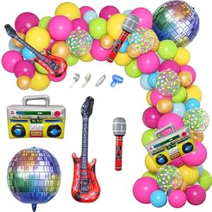 Amandir 90s 80s Theme Party Decorations, 90Pcs Balloon Arch Kit 6PCS Inflatable Retro Disco Ball Microphone Rainbow Roller Skate Boom Box Guitar Balloon for Back to 90s 80s Hip Hop Birthday Supplies