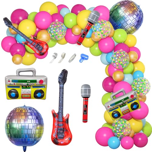 Amandir 90s 80s Theme Party Decorations, 90Pcs Balloon Arch Kit 6PCS Inflatable Retro Disco Ball Microphone Rainbow Roller Skate Boom Box Guitar Balloon for Back to 90s 80s Hip Hop Birthday Supplies