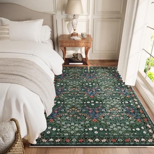 Image of Dark Green 4x6 Washable Area Rug, Ultra Soft Non-Slip Stain Resistant, Floral Distressed Design for Living Room, Bedroom, Large Entryway & Kitchen