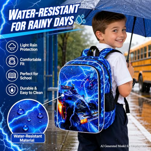Image of 17 inch Cars Backpack for Boy, 3Pcs Lightning Bookbag for Elementary Preschool Kindergarten, Kids School Backpacks with Lunch Box (Blue)