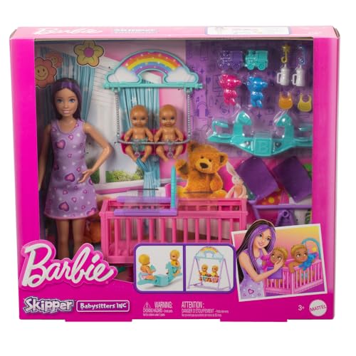 Barbie Muñeca Skipper Canguro de Gemelos con Vestido Morado de Corazones, Cuna,...
