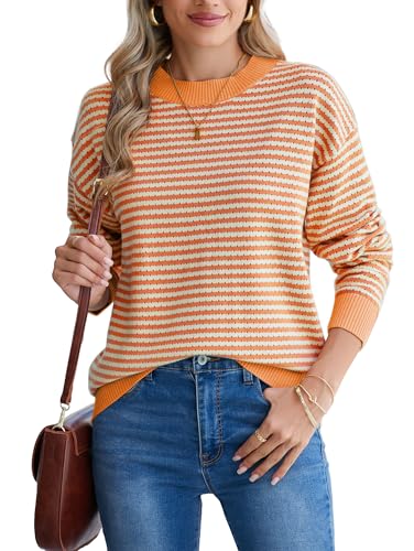 Famulily Womens Striped Color Block Hollow Out Knitted Sweater Long Sleeve Crew Neck Pullover Tops