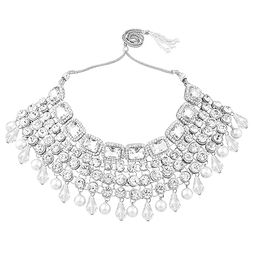 Image of Peora Crystal Choker Necklace with Maang Tikka Earrings Indian Traditional Bridal Wedding Jewellery Set for Women